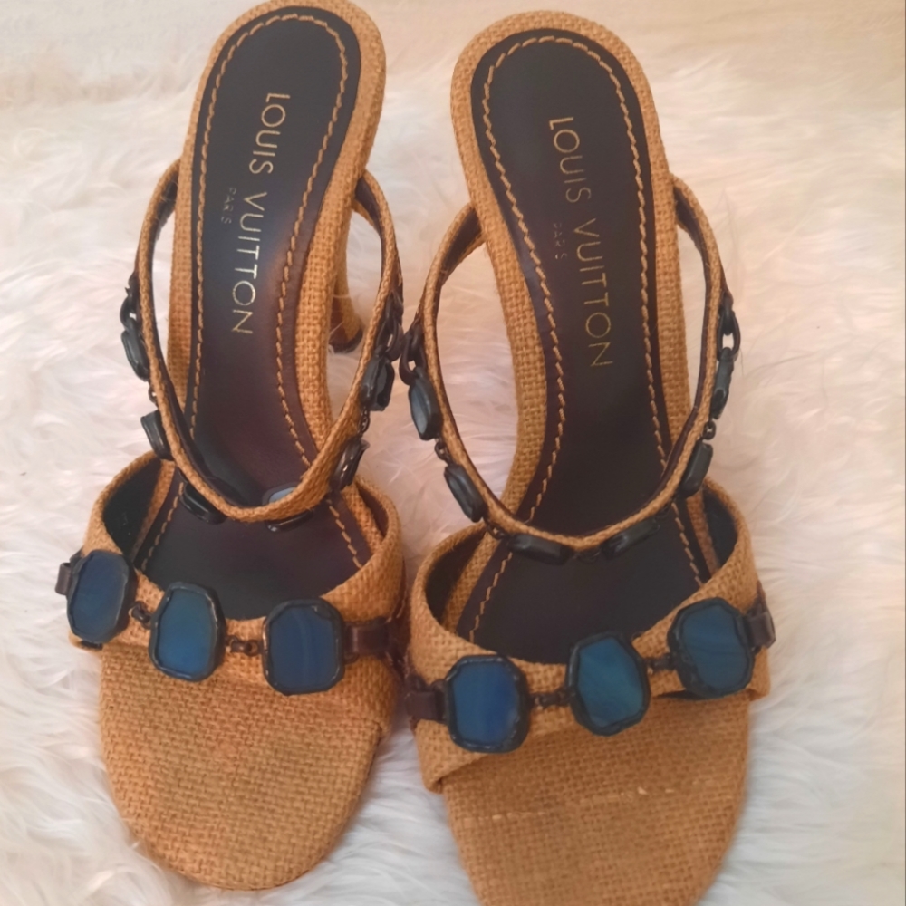 Louis Vuitton blue stone embellished canvas heels sandals sz 37 1/2 US 6.5 - Picture 1 of 10